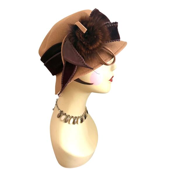 Vintage Galliano Sorbatti Italian Wool Cloche Hat with Velvet & Fur Detail ITALY